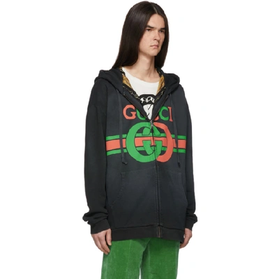 Shop Gucci Reversible Black Logo Zip-up Hoodie In 1082 Black