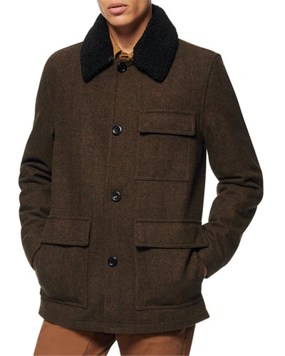 Shop Andrew Marc Men's Novelty Wool Chore Coat W/ Removable Faux-shearling Collar In Olive