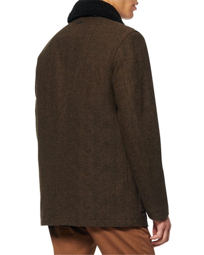 Shop Andrew Marc Men's Novelty Wool Chore Coat W/ Removable Faux-shearling Collar In Olive