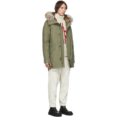 Shop Yves Salomon Khaki Down & Fur Parka In Kaki Trim 1: 100% Coyote. Trim 2: 100% Rabbit. Padding: 90% Duck Down, 10% Feather.