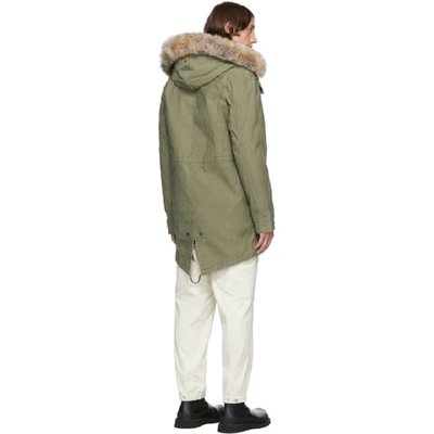 Shop Yves Salomon Khaki Down & Fur Parka In Kaki Trim 1: 100% Coyote. Trim 2: 100% Rabbit. Padding: 90% Duck Down, 10% Feather.