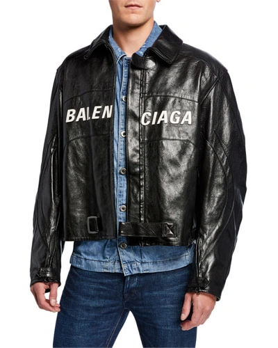 Shop Balenciaga Men's Contrast Logo Leather Moto Jacket In Black