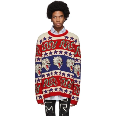 Shop Gucci Blue And Red Jacquard Symbols Sweater In 4358blured