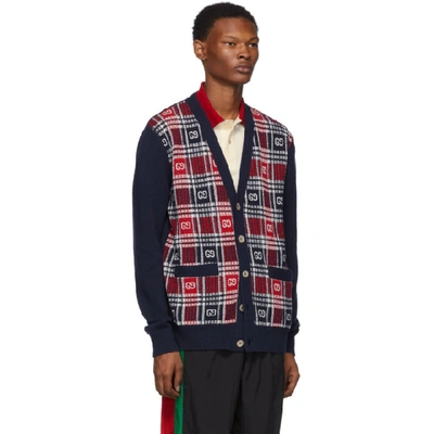 Shop Gucci Blue Gg Check Cardigan In 4548 Navy