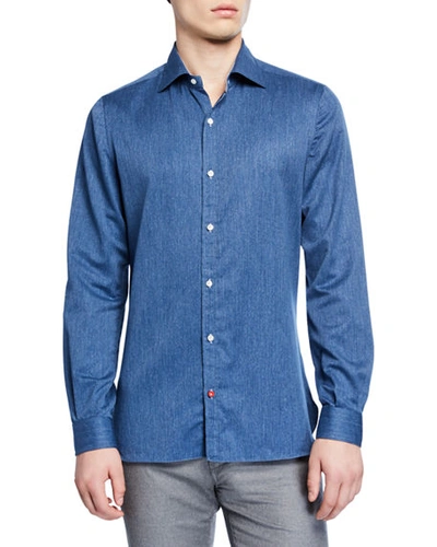 Shop Isaia Men's Solid Chambray Sport Shirt In Blue