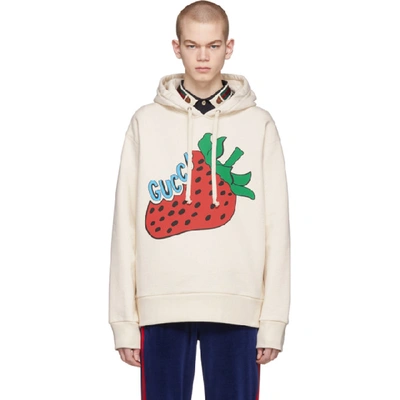 Shop Gucci Off-white Oversized Strawberry Hoodie In 9230 Natura