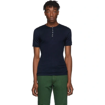 Shop Lanvin Navy Irregular Rib Short Sleeve Henley In 291midnight