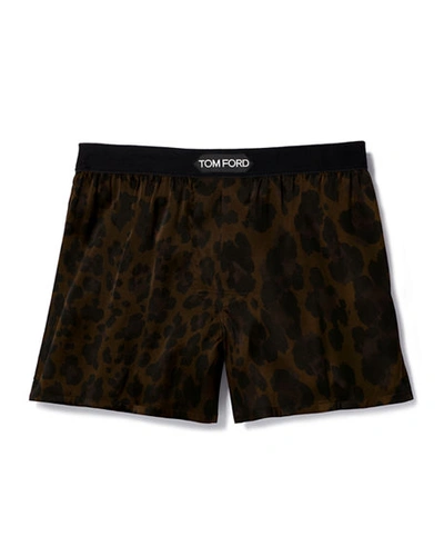 Shop Tom Ford Men's Logo-band Leopard Silk Boxers In Dark Brown
