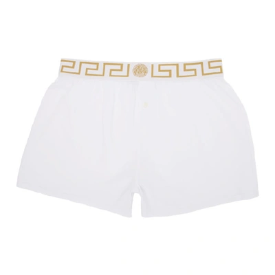 Shop Versace Underwear White And Gold Greek Boxers In A81h Wht/gl
