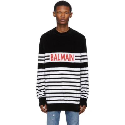 Shop Balmain Black & White Velvet Logo Jumper