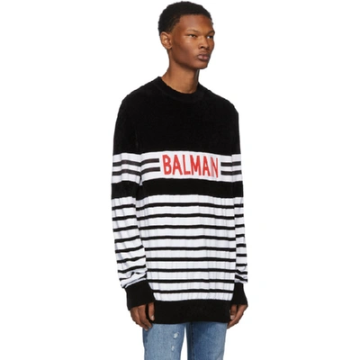 Shop Balmain Black & White Velvet Logo Jumper