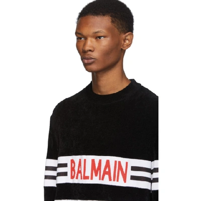 Shop Balmain Black & White Velvet Logo Sweater