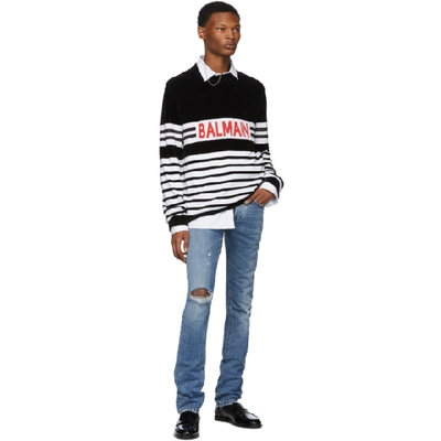 Shop Balmain Black & White Velvet Logo Sweater