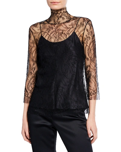 Shop Adam Lippes 3/4-sleeve Chantilly Lace Turtleneck Blouse With Cami In Black
