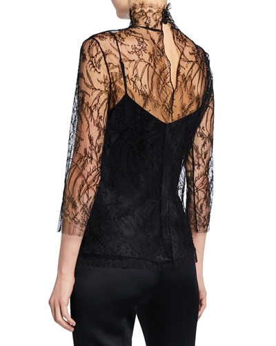 Shop Adam Lippes 3/4-sleeve Chantilly Lace Turtleneck Blouse With Cami In Black