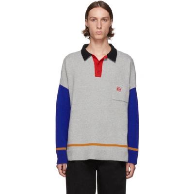 Shop Loewe Grey And Blue Cashmere Long Sleeve Polo In 1134 Gryblu