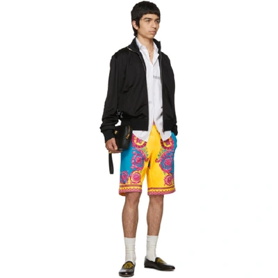 Shop Versace Orange And Blue Barocco Print Shorts In A785 Orgblu