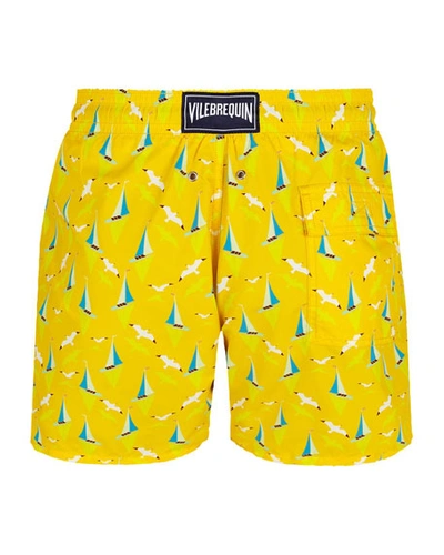 Shop Vilebrequin Men's Moorea Boats-on-water-print Swim Trunks In Bouton D'or