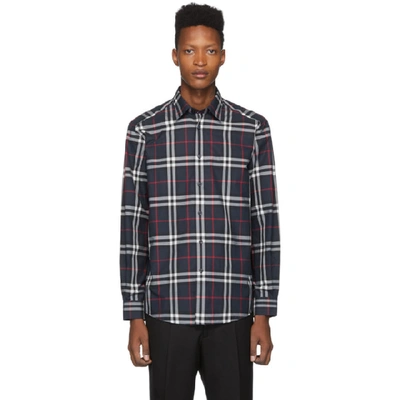 Shop Burberry Navy Check Caxton Shirt