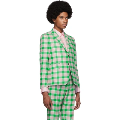 THOM BROWNE 绿色 AND 粉色格纹法兰绒西装外套