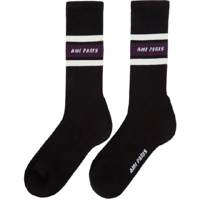 Shop Ami Alexandre Mattiussi Black Logo Stripe Socks In 001 Black