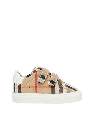 Shop Burberry Markham Check Grip-strap Sneaker, Baby In Beige