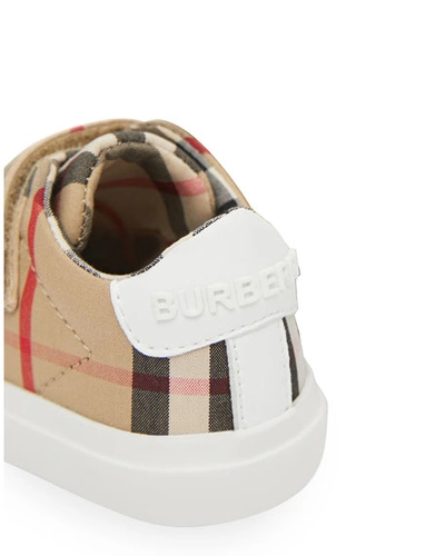 Shop Burberry Markham Check Grip-strap Sneaker, Baby In Beige