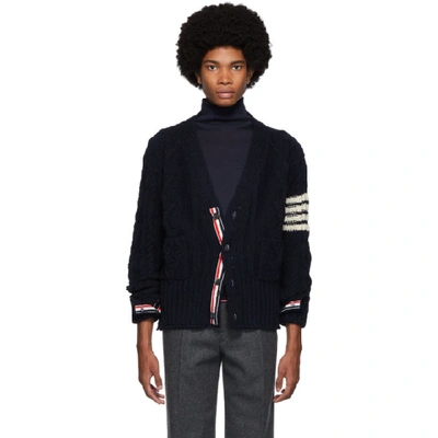 Shop Thom Browne Navy Aran Cable Knit 4-bar Cardigan In 415 Navy