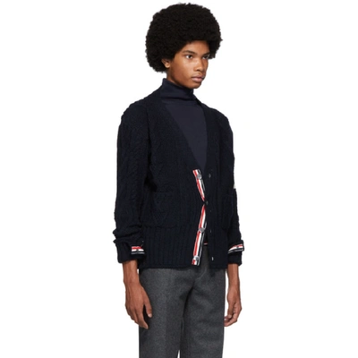 Shop Thom Browne Navy Aran Cable Knit 4-bar Cardigan In 415 Navy