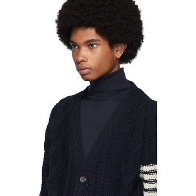 Shop Thom Browne Navy Aran Cable Knit 4-bar Cardigan In 415 Navy