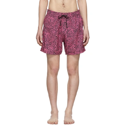 Shop Amiri Pink Leopard Swim Shorts In Npk Neon Pk