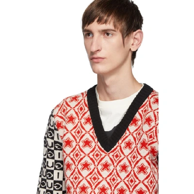 Shop Gucci Red And Black Wool Jacquard V-neck Sweater In 6269 Redblk