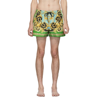 Shop Versace Underwear Green And Blue Barocco Swim Shorts In A78y Verazu