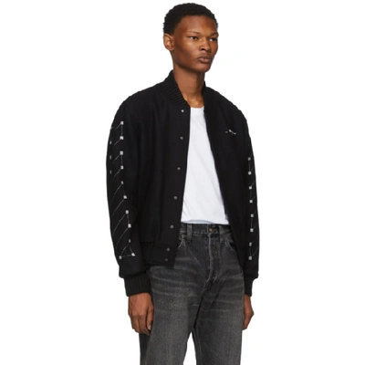 Shop Off-white Black Embroidered Skinny Varsity Bomber Jacket In Blk Sil