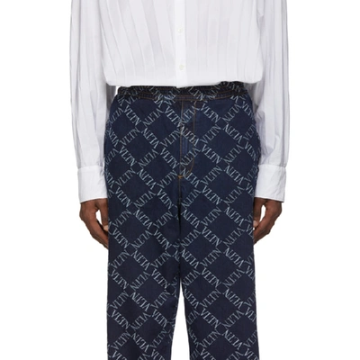 Shop Valentino Navy  Garavani 'vltn' Grid Jeans In 598navy