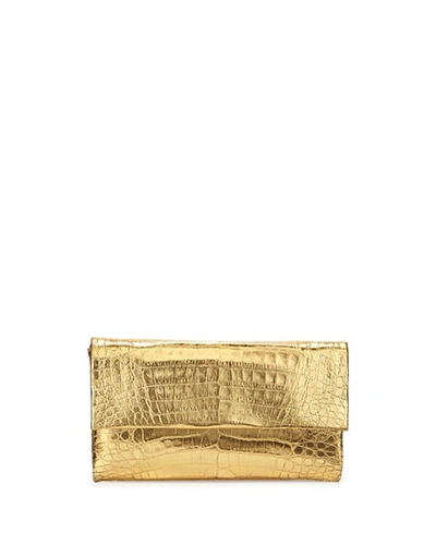 Shop Nancy Gonzalez Simple Crocodile Flap Clutch Bag, Anthracite In Gold