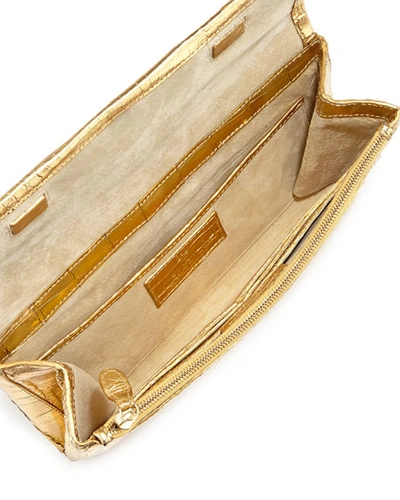 Shop Nancy Gonzalez Simple Crocodile Flap Clutch Bag, Anthracite In Gold