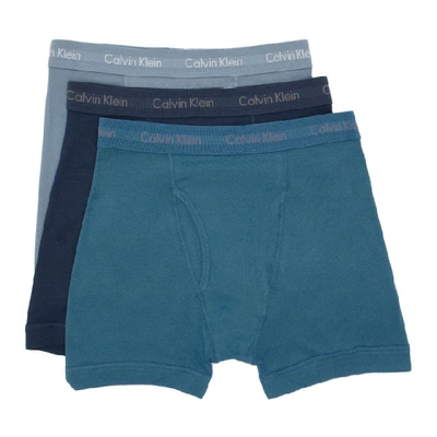 Shop Calvin Klein Underwear Three-pack Blue Cotton Boxer Briefs In 400 Blue
