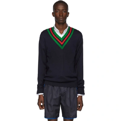 Shop Gucci Navy Wool Web V-neck Sweater In 4548 Navy