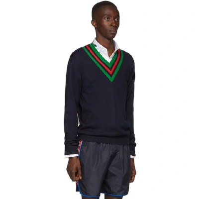 Shop Gucci Navy Wool Web V-neck Sweater In 4548 Navy