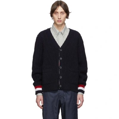 Shop Thom Browne Navy Merino Chunky Fun-mix Stitch Cardigan In 415 Navy