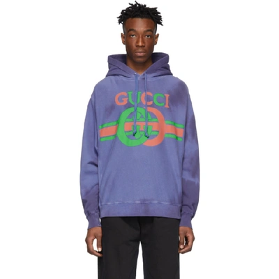 Gucci Men's Striped Gg Logo Washed Hoodie Sweatshirt In Blue | ModeSens