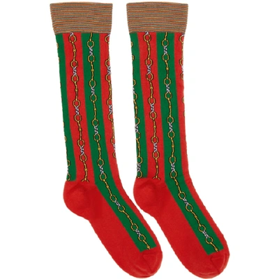 Shop Gucci Green And Red Chain Socks In 3174 Green