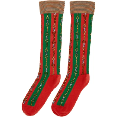 Shop Gucci Green And Red Chain Socks In 3174 Green