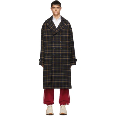Shop Gucci Blue And Yellow Check Hooded Coat In 4320 Blue
