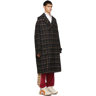 Shop Gucci Blue And Yellow Check Hooded Coat In 4320 Blue