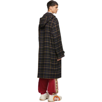 Shop Gucci Blue And Yellow Check Hooded Coat In 4320 Blue