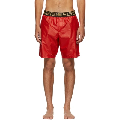 Shop Versace Underwear Red Greek Key Medusa Swim Shorts In A85n Red