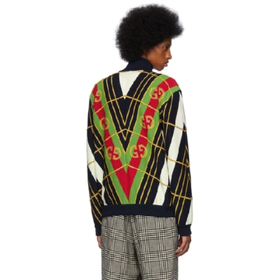 Shop Gucci Navy And White Jacquard Zip-up Sweater In 4548 Darkbl