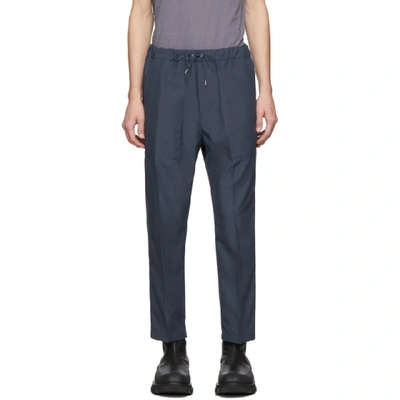 Shop Oamc Blue Cropped Drawcord Trousers In 404 Avio